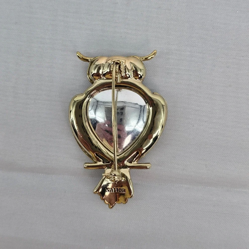 Napier Vintage Gold Tone Owl Brooch Watermelon Glass Heart Rhinestone Pin 2 Inch